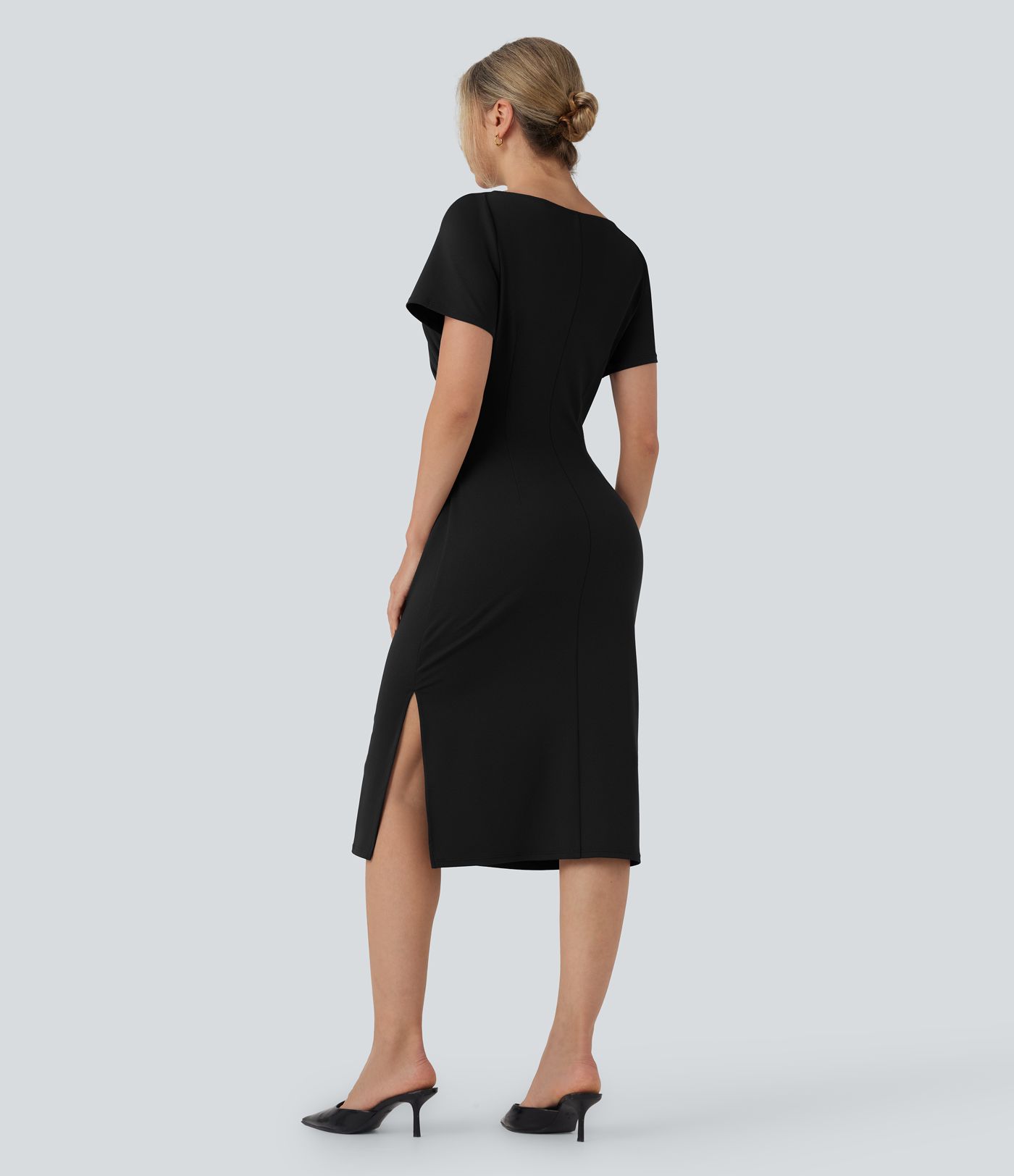 Short Sleeve Ruched Bodycon Women Long Midi Work Dress