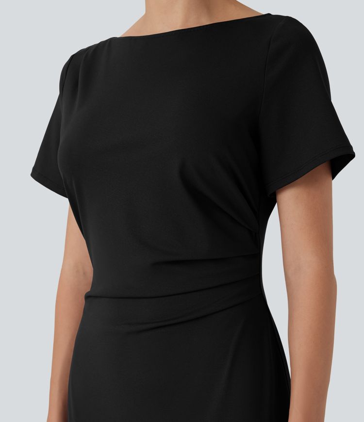 Short Sleeve Ruched Bodycon Midi Work Dress