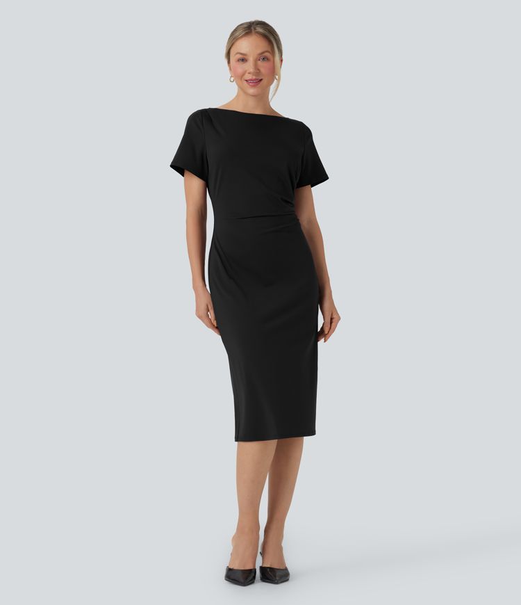 Short Sleeve Ruched Bodycon Midi Work Dress
