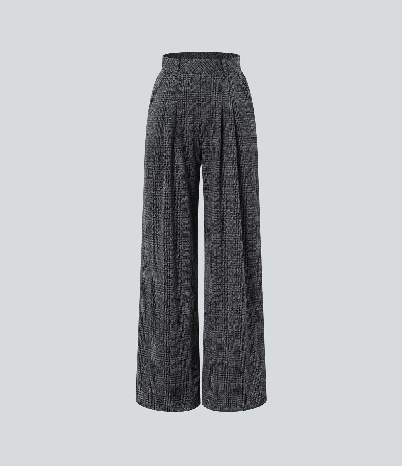 Pantalon décontracté large à carreaux, taille haute, avec poches