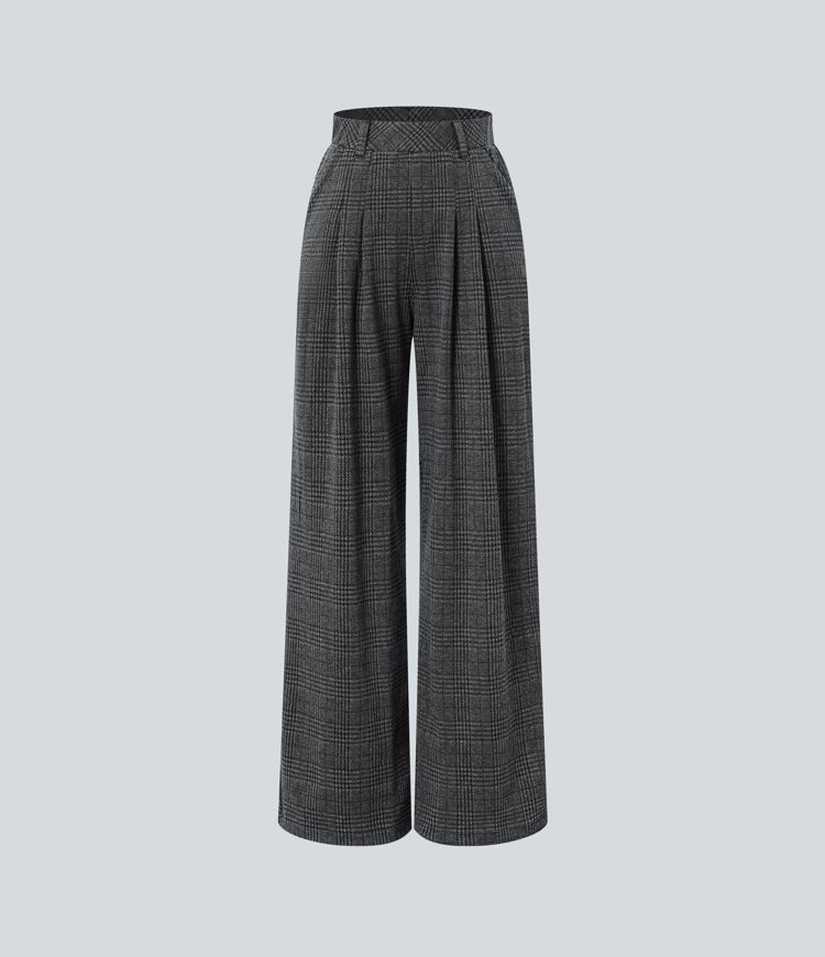 Pantalon décontracté large à carreaux, taille haute, avec poches