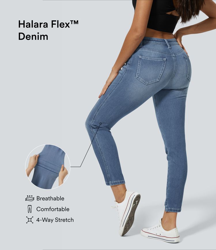 HalaraMagic™ Mid Rise Button Zipper Multiple Pockets Stretchy Knit Casual Skinny Jeans