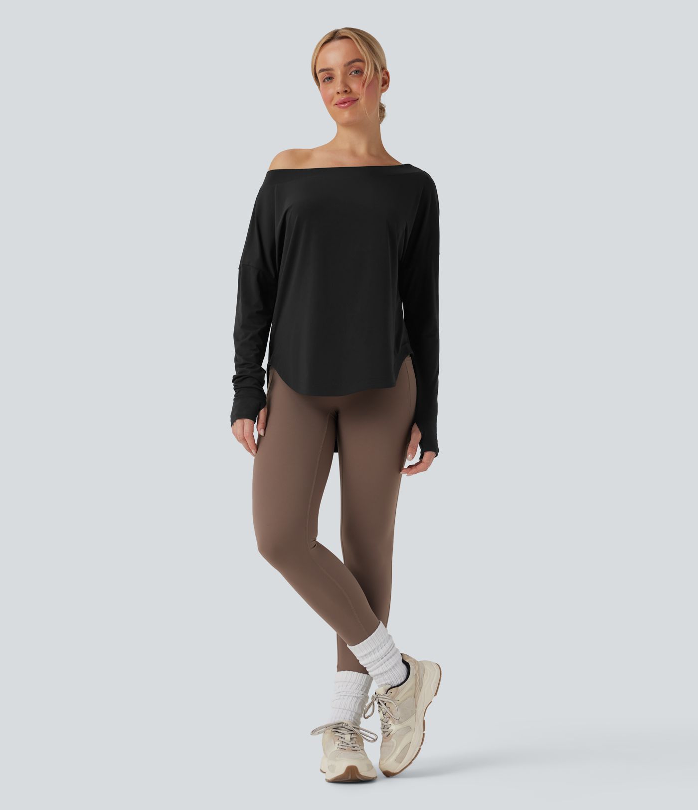 Top de Yoga Asymétrique à Manches Longues avec Trou pour Pouce, Ourlet Incurvé, Séchage Rapide