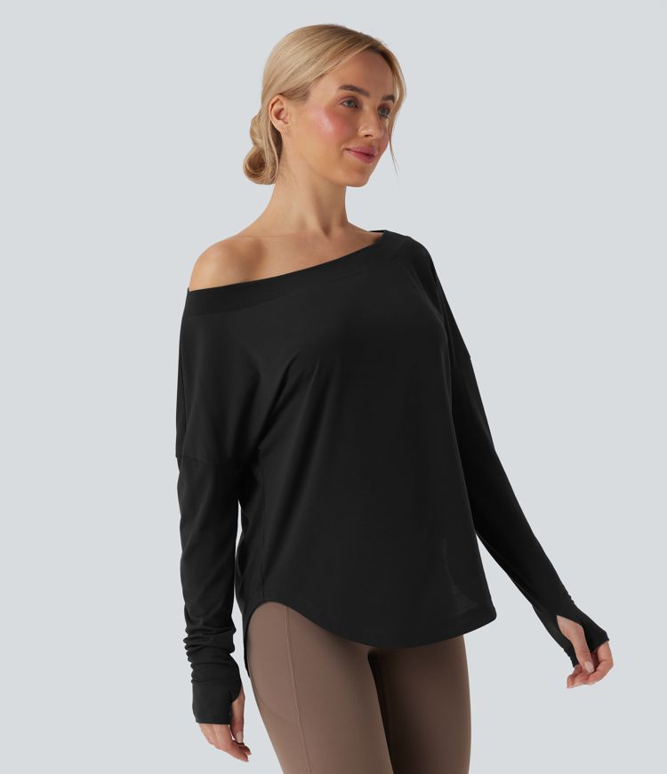 One Shoulder Long Sleeve Thumb Hole Curved Hem High Low Quick Dry Yoga Sports Top