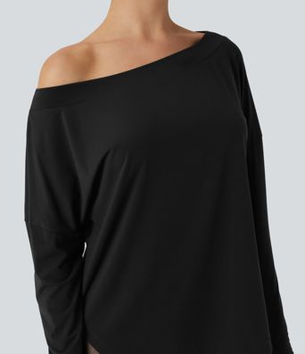 Top de Yoga Asymétrique à Manches Longues avec Trou pour Pouce, Ourlet Incurvé, Séchage Rapide