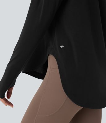 Top de Yoga Asymétrique à Manches Longues avec Trou pour Pouce, Ourlet Incurvé, Séchage Rapide