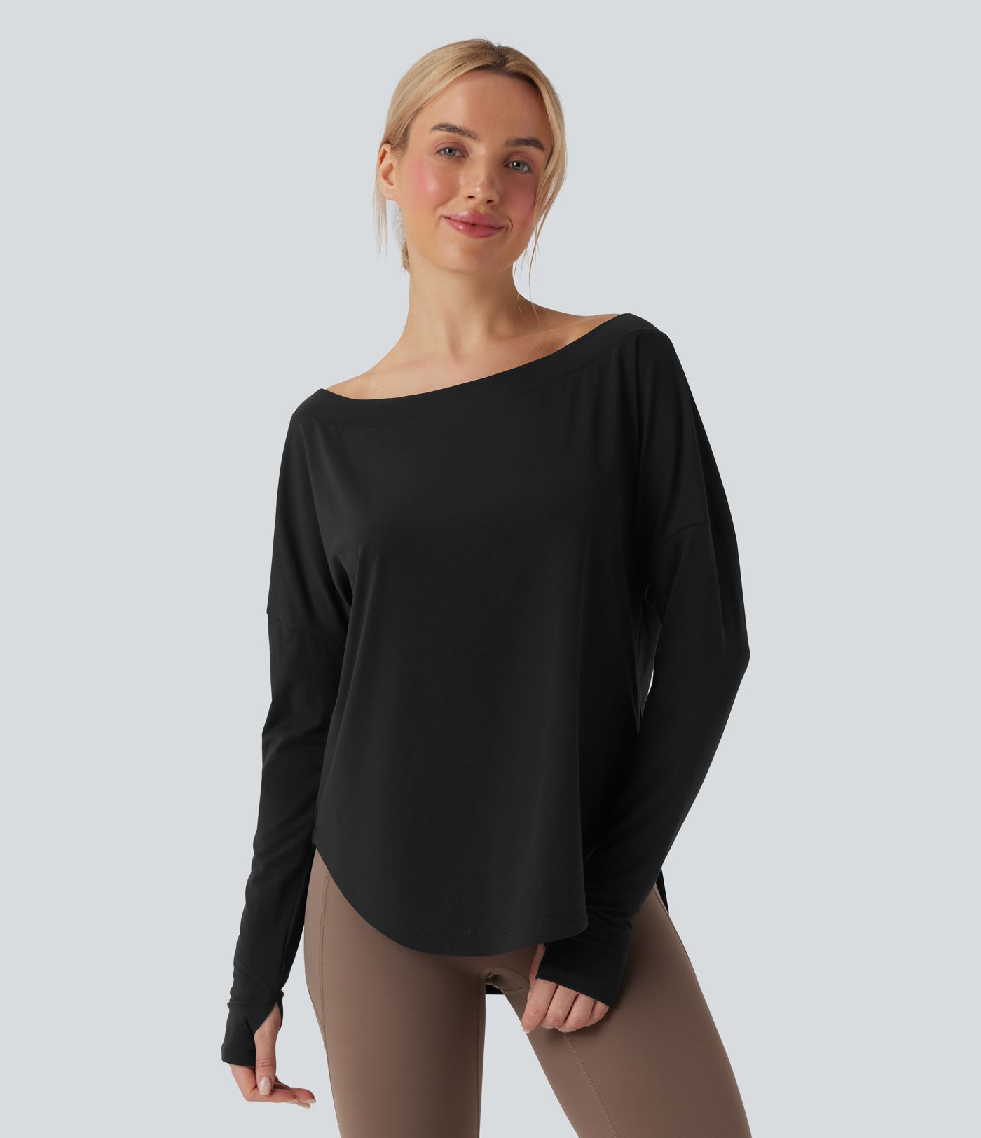 Top de Yoga Asymétrique à Manches Longues avec Trou pour Pouce, Ourlet Incurvé, Séchage Rapide