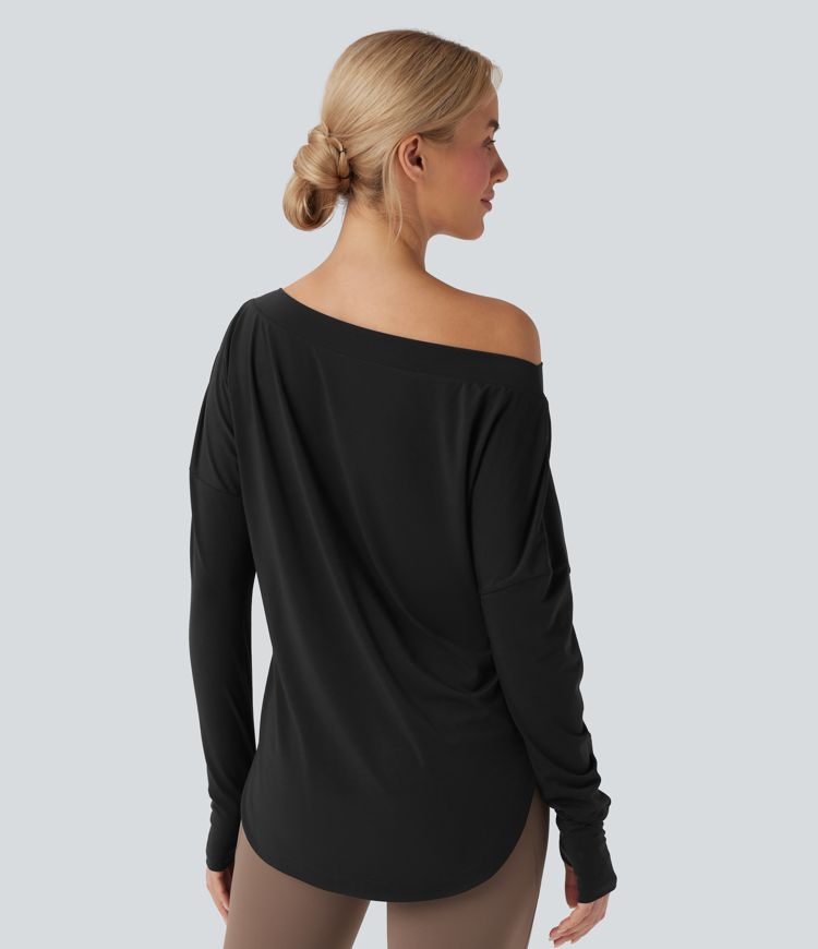 One Shoulder Long Sleeve Thumb Hole Curved Hem High Low Quick Dry Yoga Sports Top