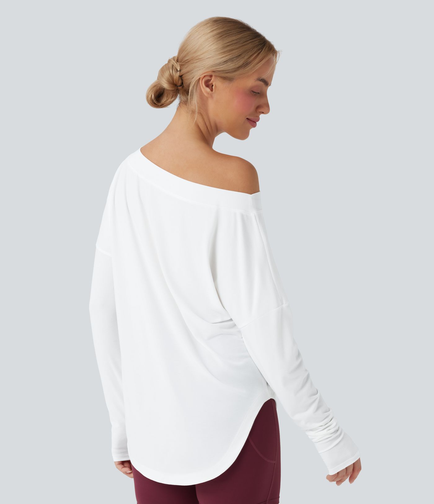 One Shoulder Long Sleeve Thumb Hole Curved Hem High Low Quick Dry Yoga Sports Top