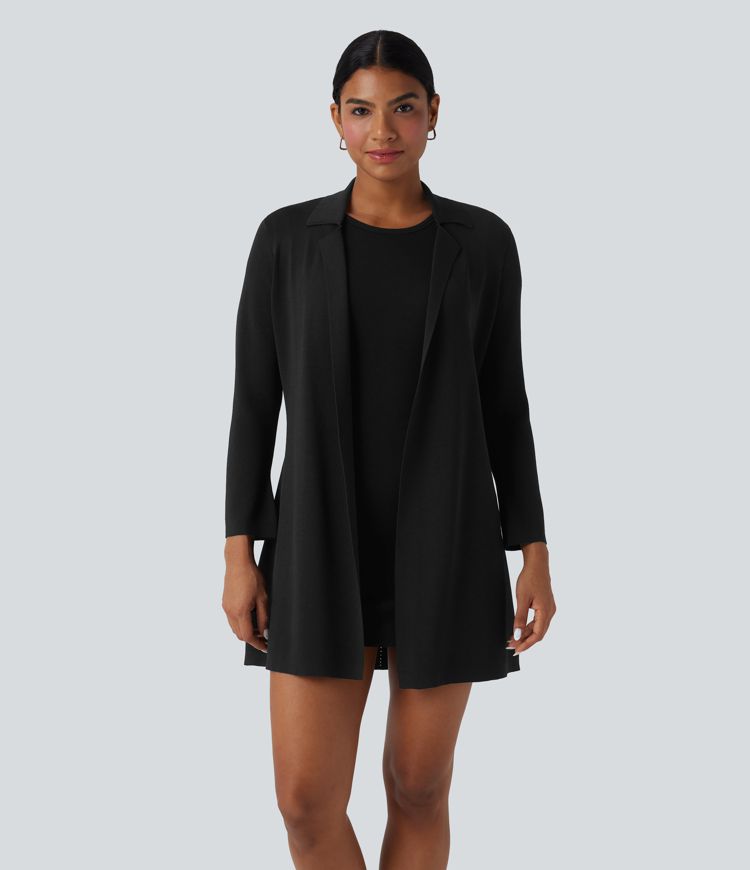 Notched Collar Long Sleeve Belted Work Cardigan