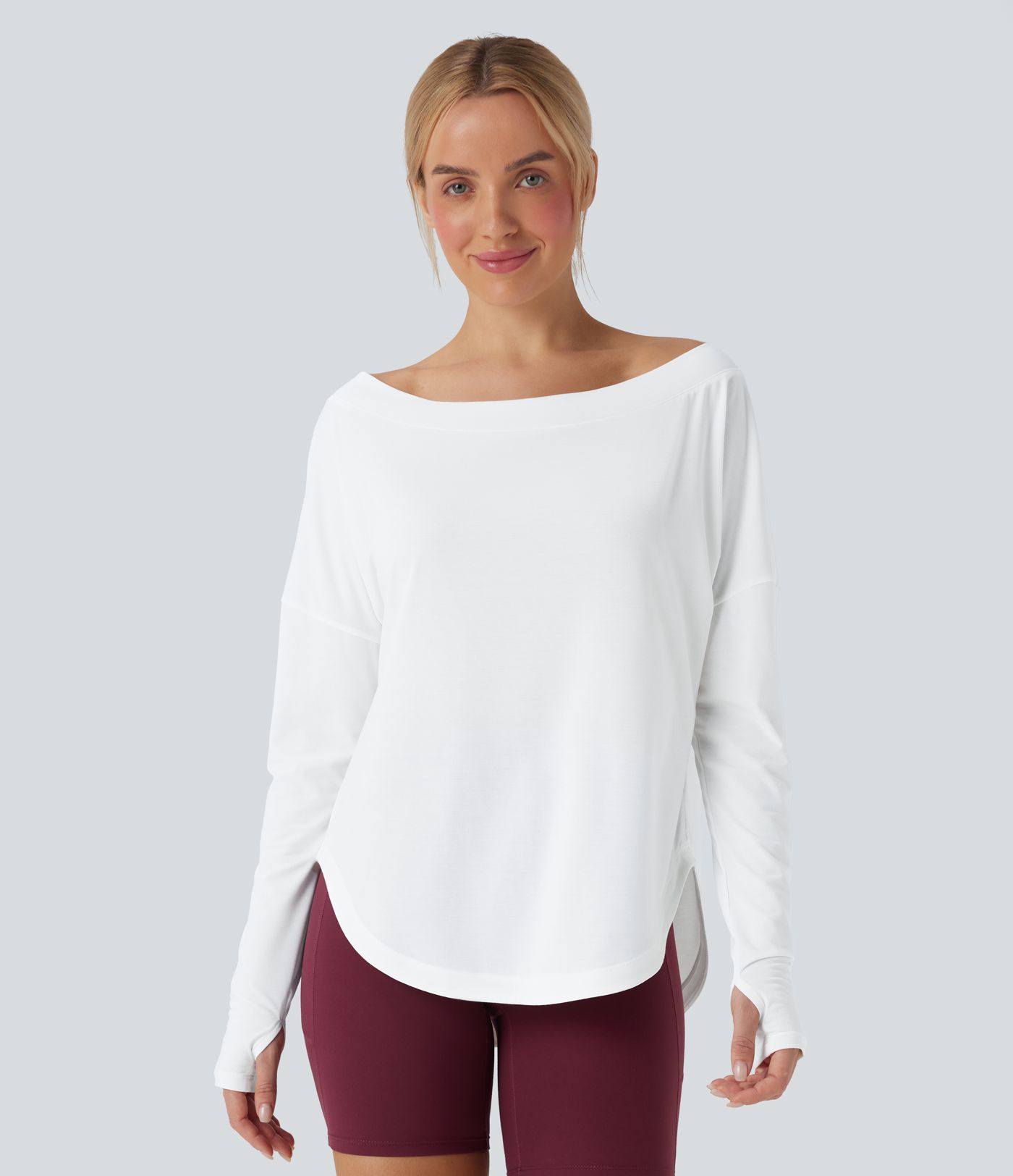 One Shoulder Long Sleeve Thumb Hole Curved Hem High Low Quick Dry Yoga Sports Top