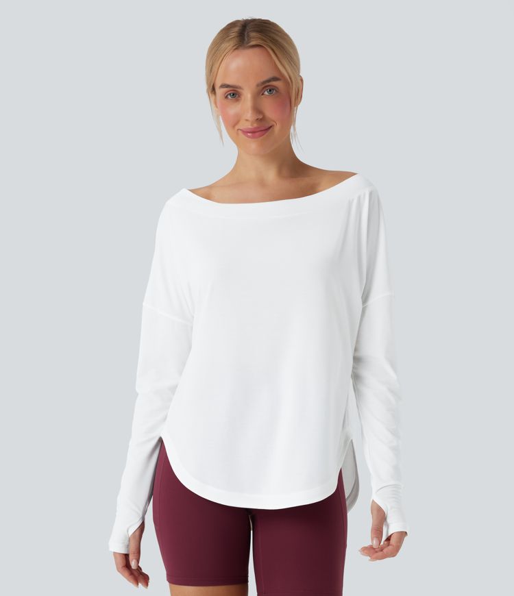 One Shoulder Long Sleeve Thumb Hole Curved Hem High Low Quick Dry Yoga Sports Top