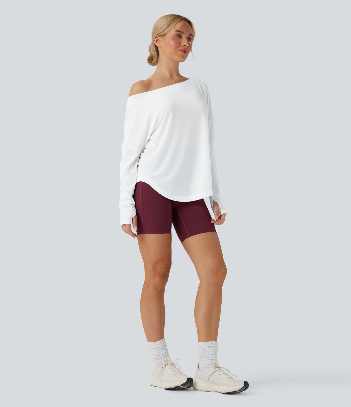 One Shoulder Long Sleeve Thumb Hole Curved Hem High Low Quick Dry Yoga Sports Top