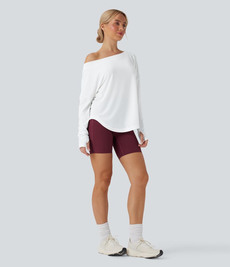 One Shoulder Long Sleeve Thumb Hole Curved Hem High Low Quick Dry Yoga Sports Top