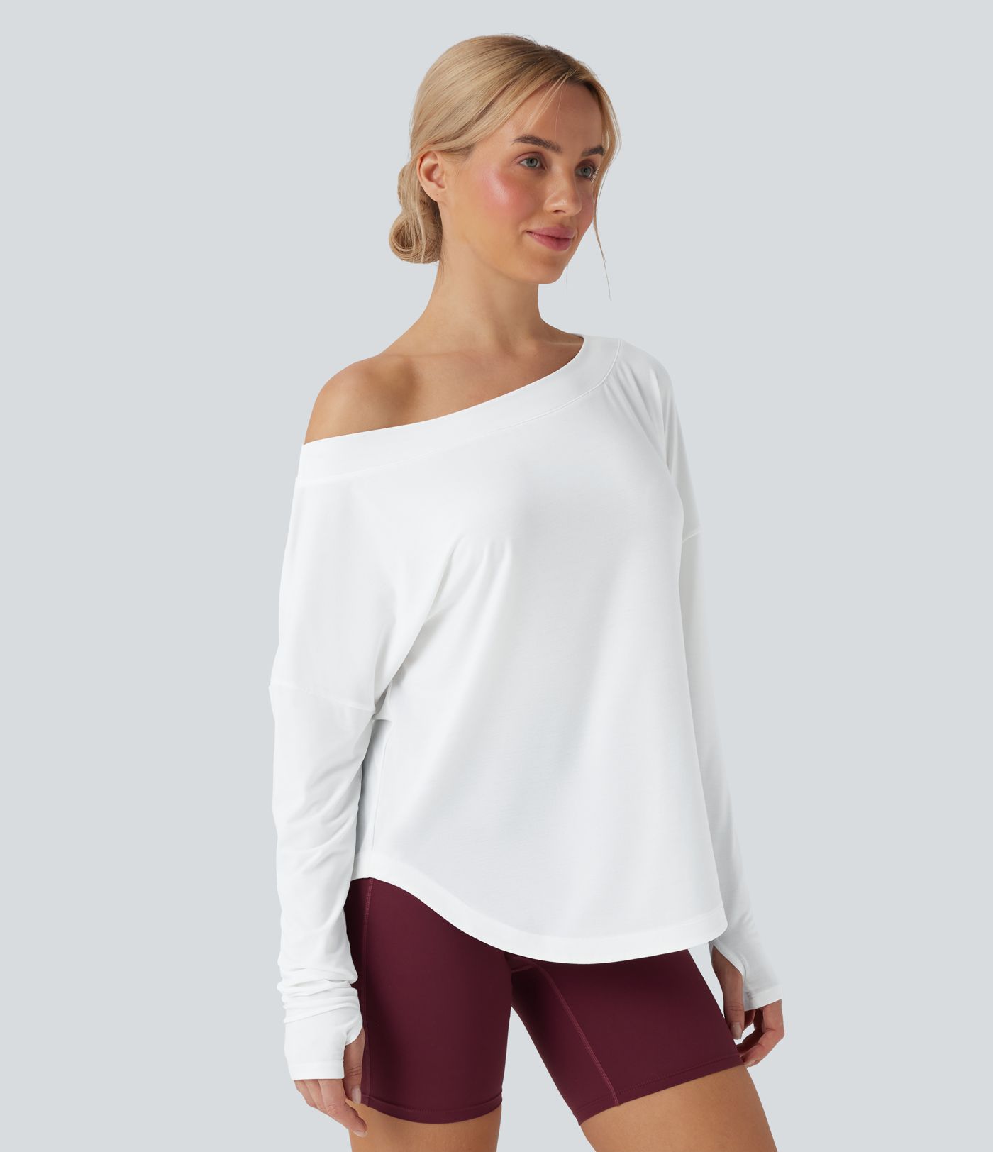 One Shoulder Long Sleeve Thumb Hole Curved Hem High Low Quick Dry Yoga Sports Top