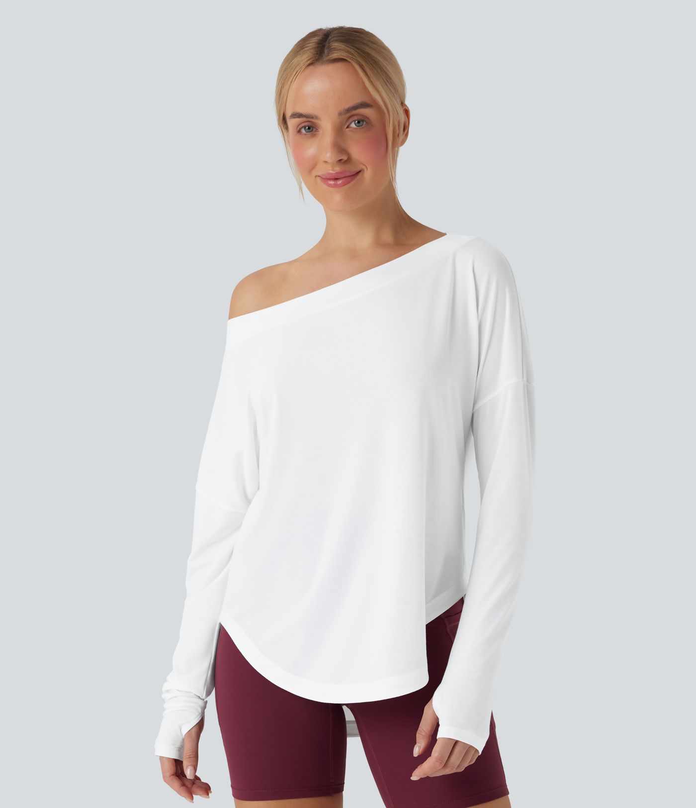 One Shoulder Long Sleeve Thumb Hole Curved Hem High Low Quick Dry Yoga Sports Top