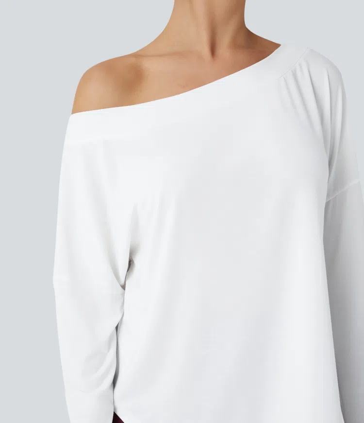 Women's One Shoulder Long Sleeve Thumb Hole Curved Hem High Low