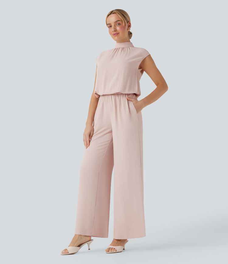 Mock Neck Keyhole Back Cap Sleeve Wide Leg Work Jumpsuit with Side Pockets