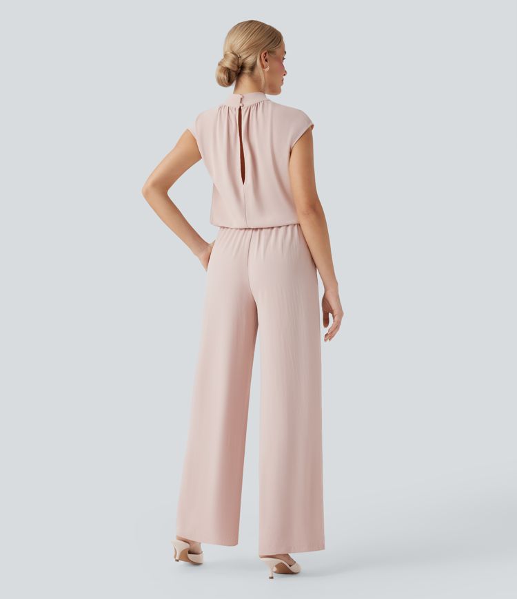 Mock Neck Keyhole Back Cap Sleeve Wide Leg Work Jumpsuit with Side Pockets