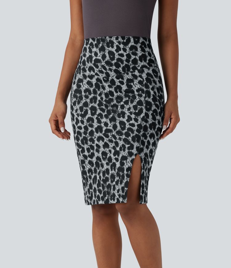 High Waisted Tummy Control Butt Lifting Midi Leopard Print Casual Shapewear Skirt