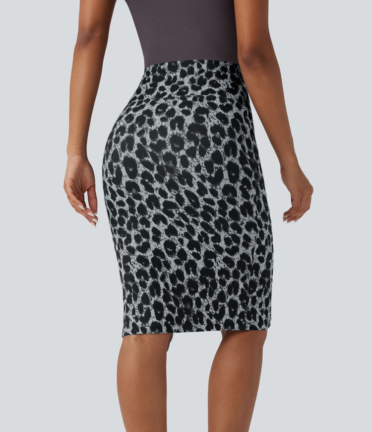 High Waisted Tummy Control Butt Lifting Midi Leopard Print Casual Shapewear Skirt