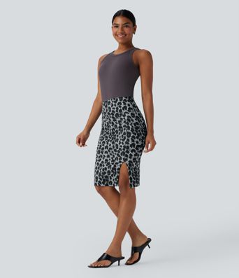 High Waisted Tummy Control Butt Lifting Midi Leopard Print Casual Shapewear Skirt