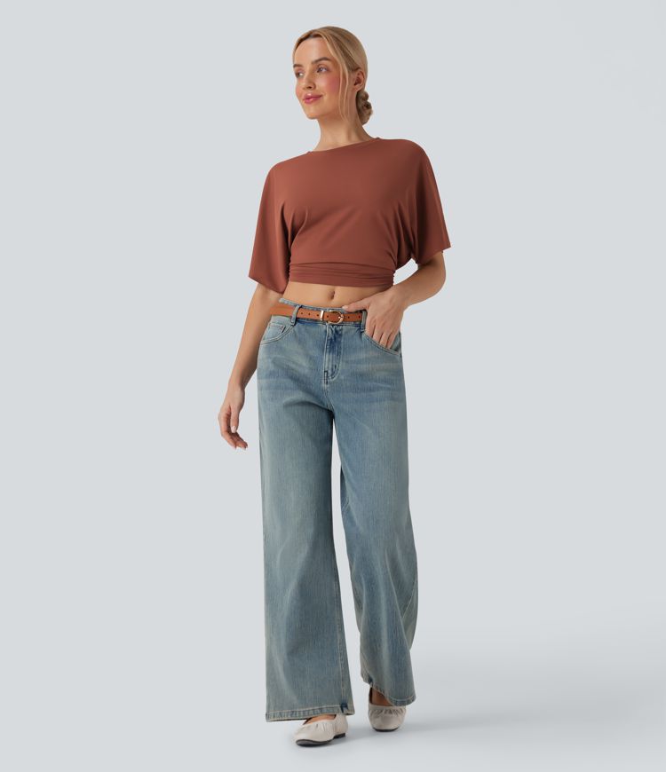 Top Court Décontracté à Col Rond, Manches Courtes et Dos Noué