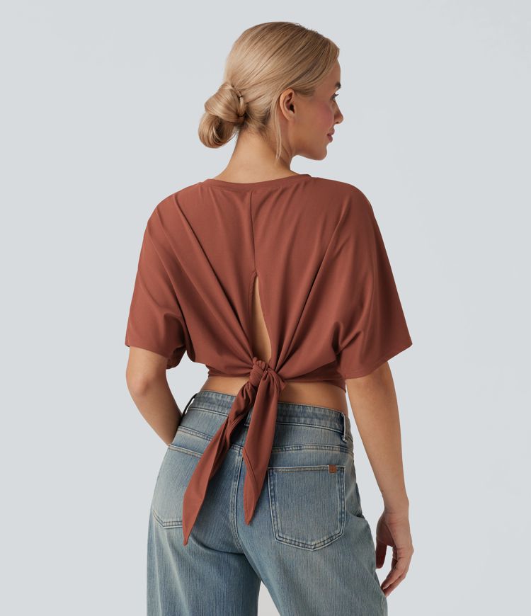 Round Neck Short Sleeve Split Tie Back Cropped Casual Top