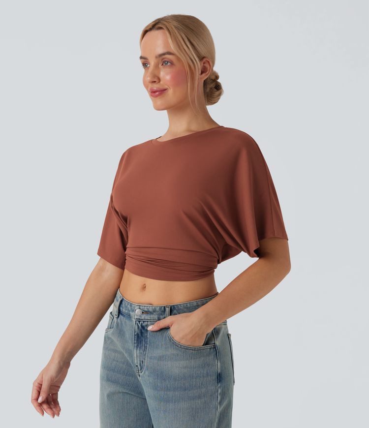 Round Neck Short Sleeve Split Tie Back Cropped Casual Top