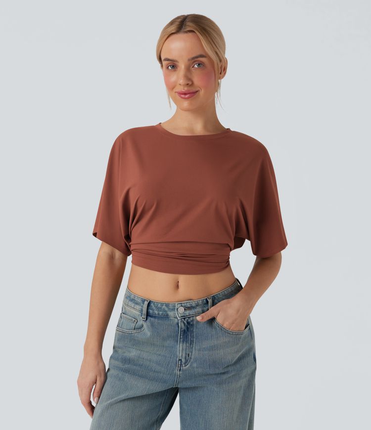 Round Neck Short Sleeve Split Tie Back Cropped Casual Top
