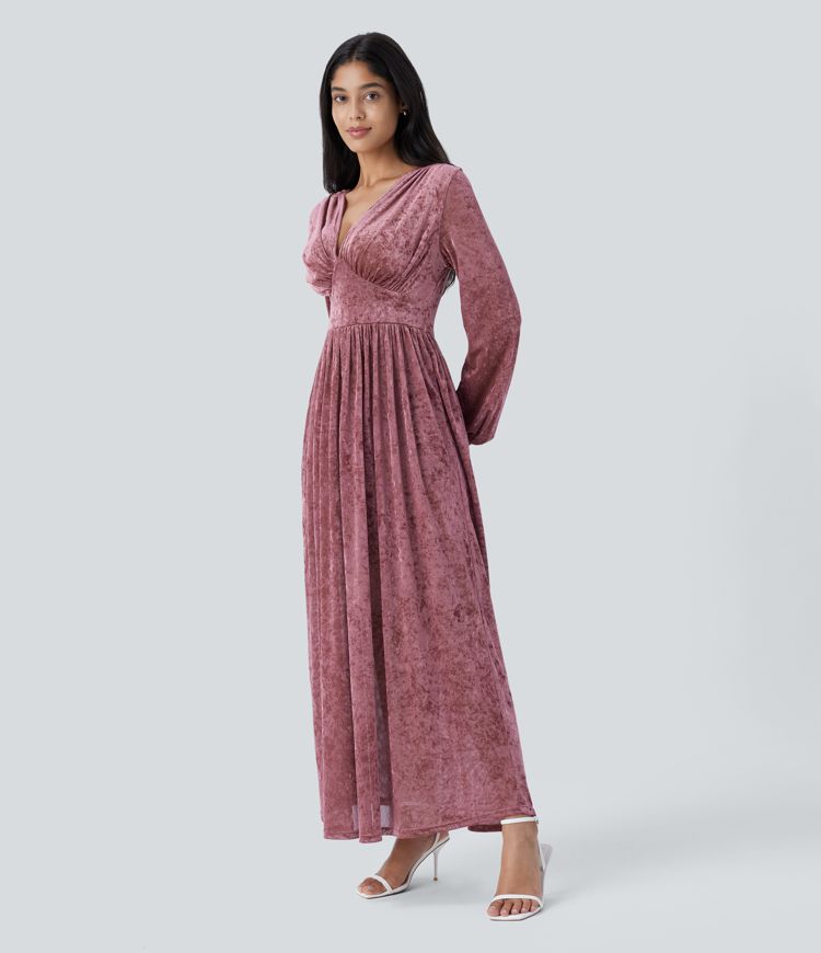 Sheer V Neck Long Sleeve Velvet Maxi Dress