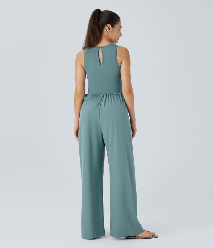 Breezeful™ Button Back Sleeveless Tie Front Side Pocket Wide Leg Quick Dry Casual Jumpsuit