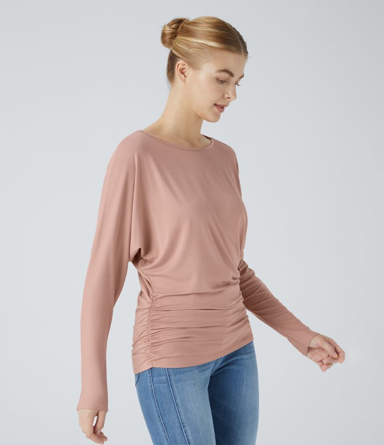 Boat Neck Long Sleeve Ruched Casual Top