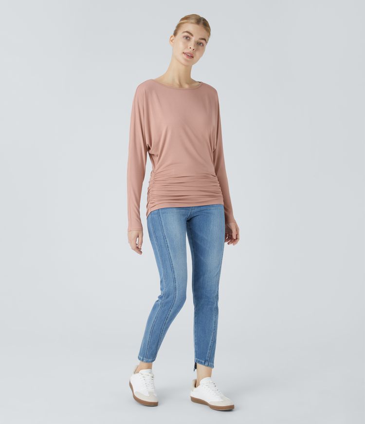 Boat Neck Long Sleeve Ruched Casual Top