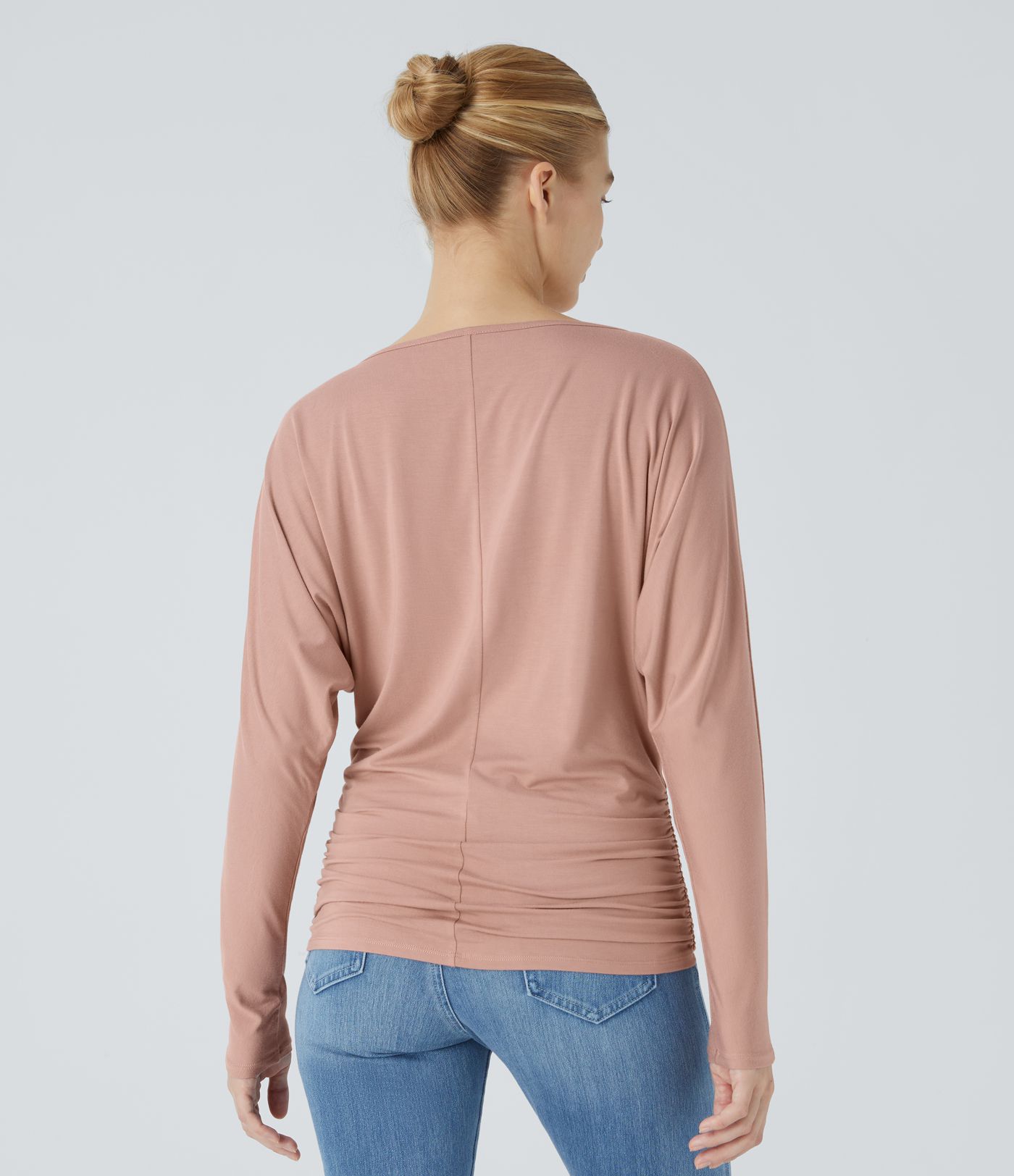 Boat Neck Long Sleeve Ruched Casual Top
