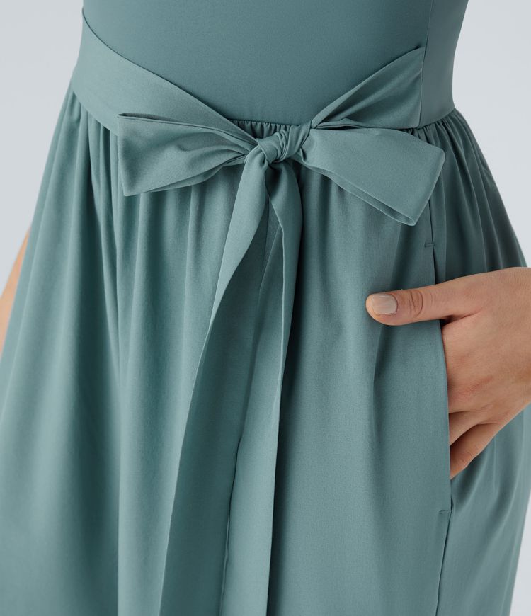 Breezeful™ Button Back Sleeveless Tie Front Side Pocket Wide Leg Quick Dry Casual Jumpsuit