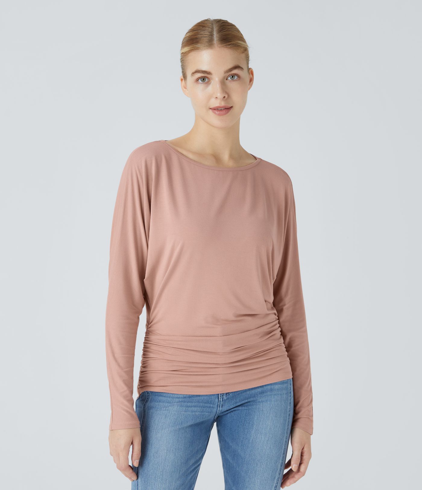 Boat Neck Long Sleeve Ruched Casual Top