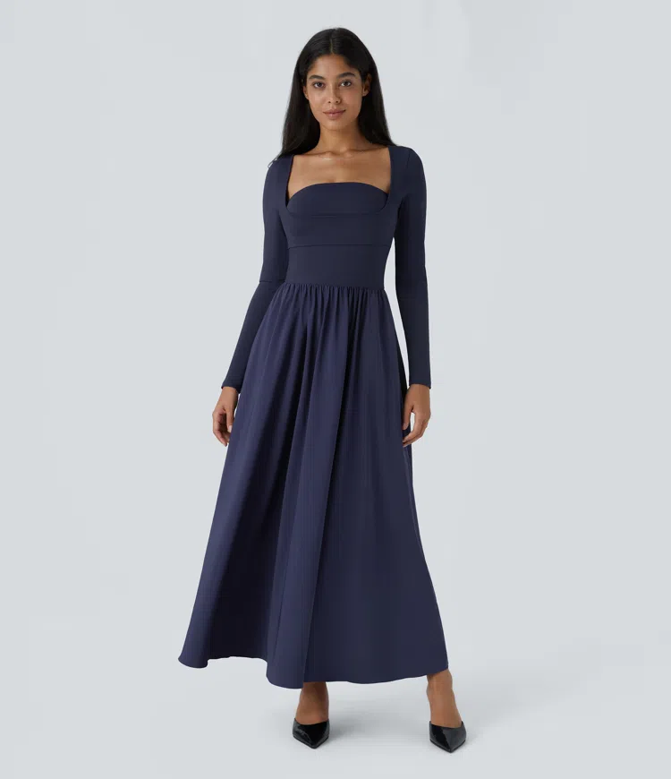 Breezeful™ Square Neck Long Sleeve Pocket Flowy Flare Maxi Quick Dry Casual Dress