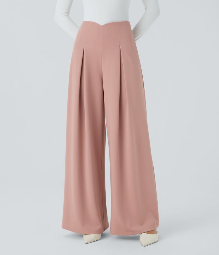 V Shaped High Waisted Invisible Zipper Wide Leg Work Trousers