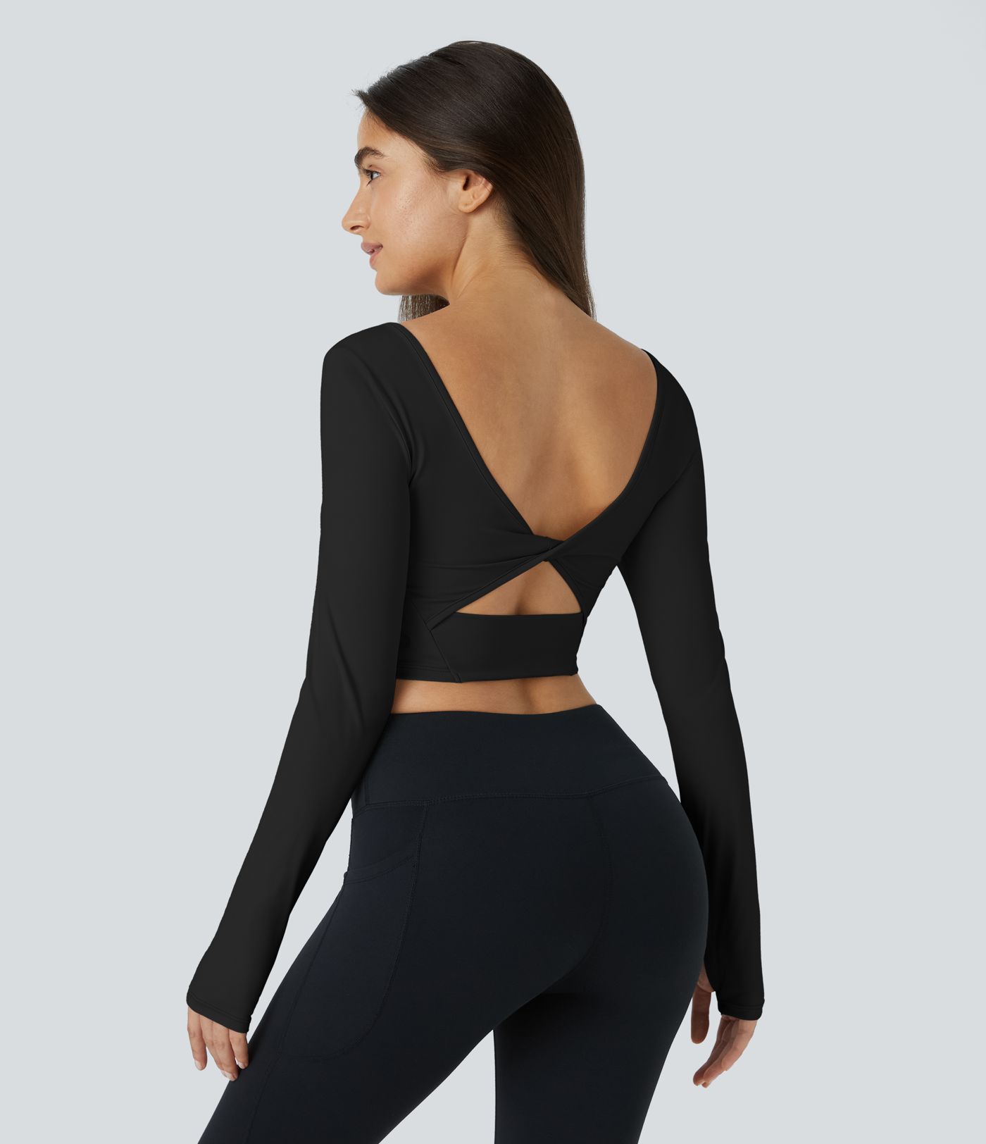 Rückenfreies Twisted Cropped Sporttop mit U-Ausschnitt & Daumenloch