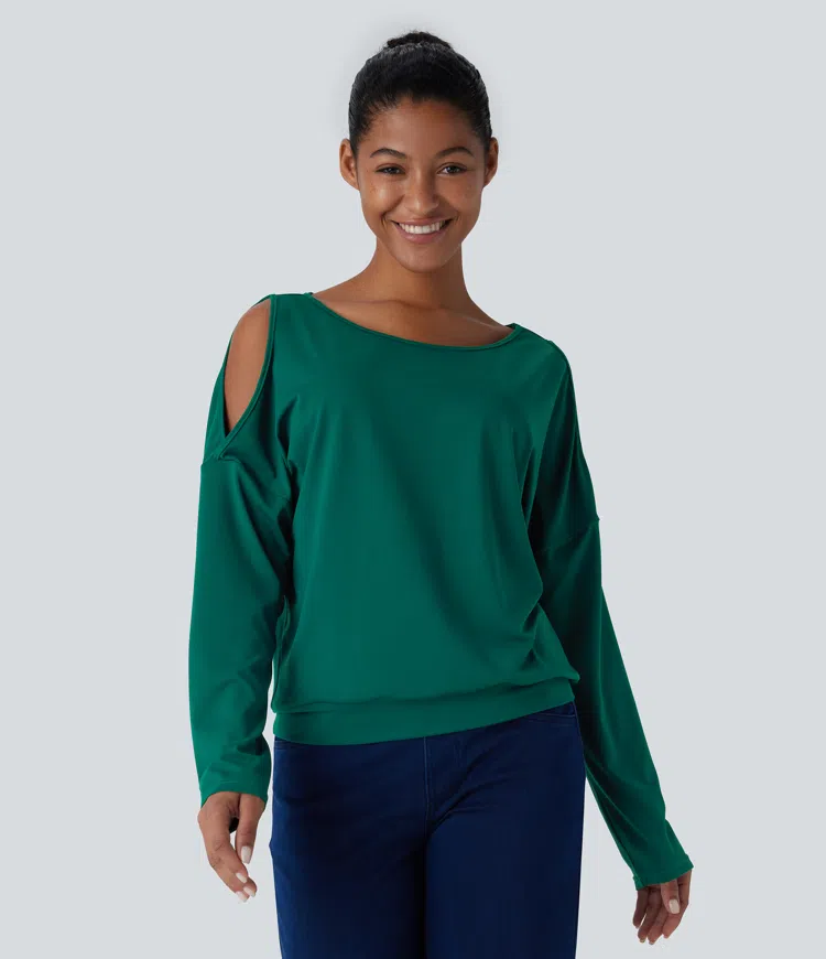Boat Neck Long Sleeve Cut Out Relaxed Casual Top