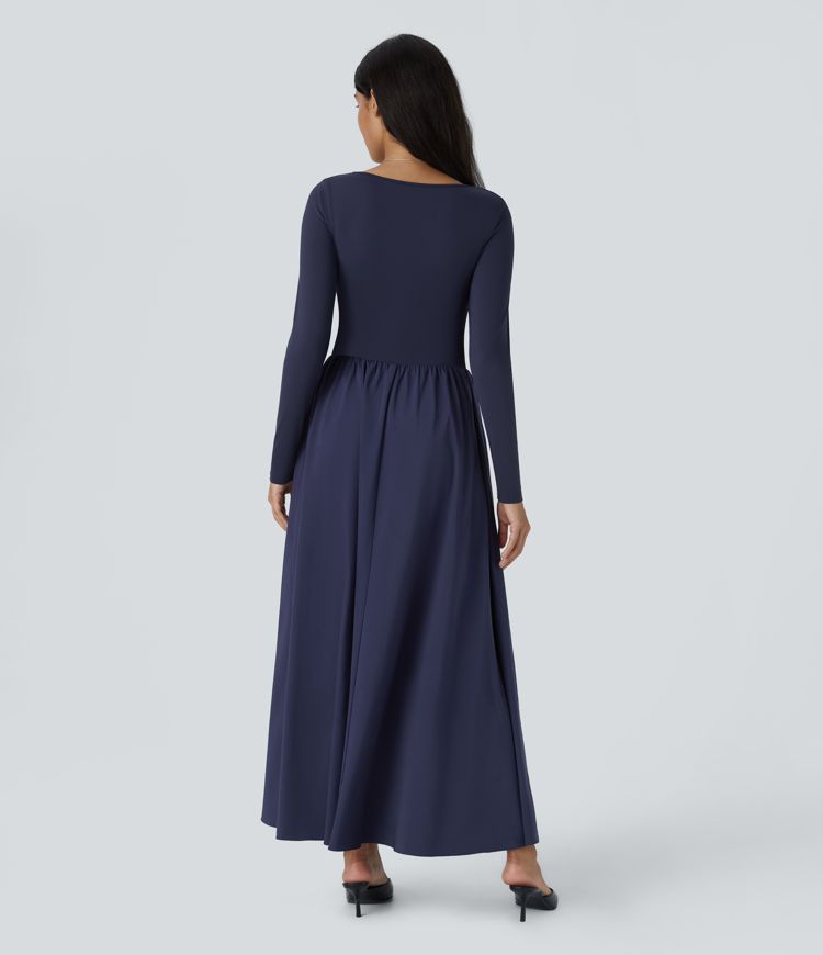 Breezeful™ Square Neck Long Sleeve Side Pocket Plicated Flowy Flare Maxi Quick Dry Casual Dress
