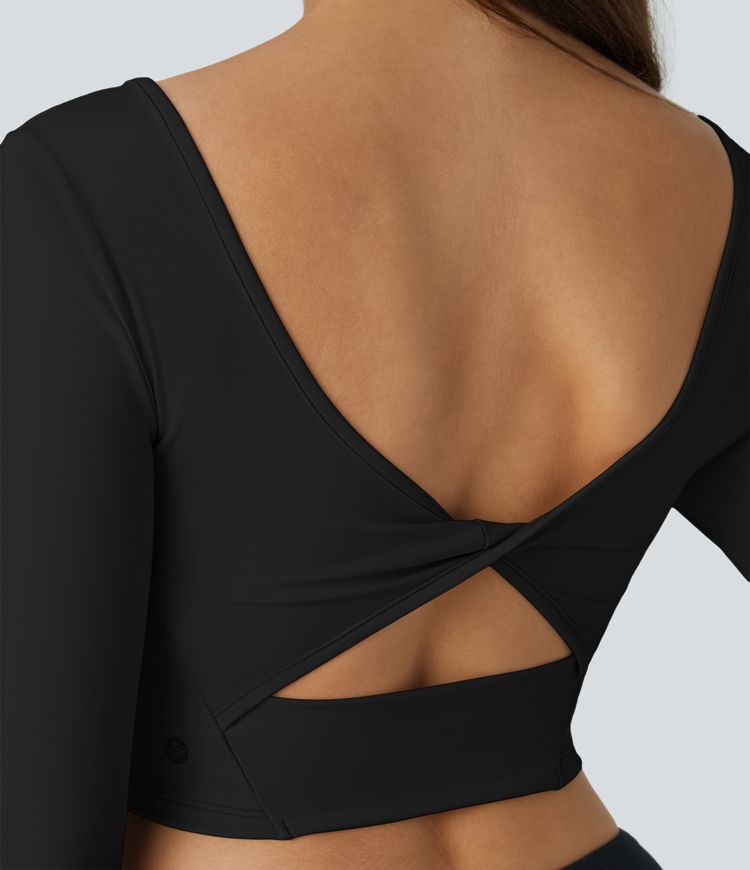 Softlyzero™ Airy U Neck Backless Cut Out Twisted Thumb Hole Cropped Cool Touch Yoga Sports Top-UPF50+
