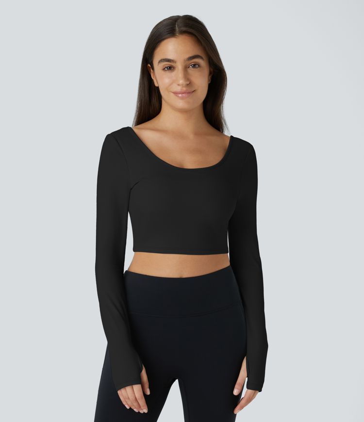 Softlyzero™ Airy U Neck Backless Cut Out Twisted Thumb Hole Cropped Cool Touch Yoga Sports Top-UPF50+