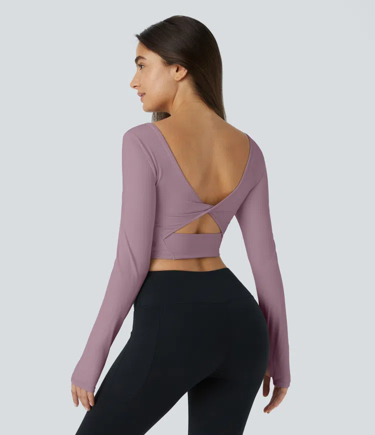 SoftlyZero™ Airy U Neck Cut Out Thumb Hole Cropped Cool Touch Yoga Sports Top-UPF50+