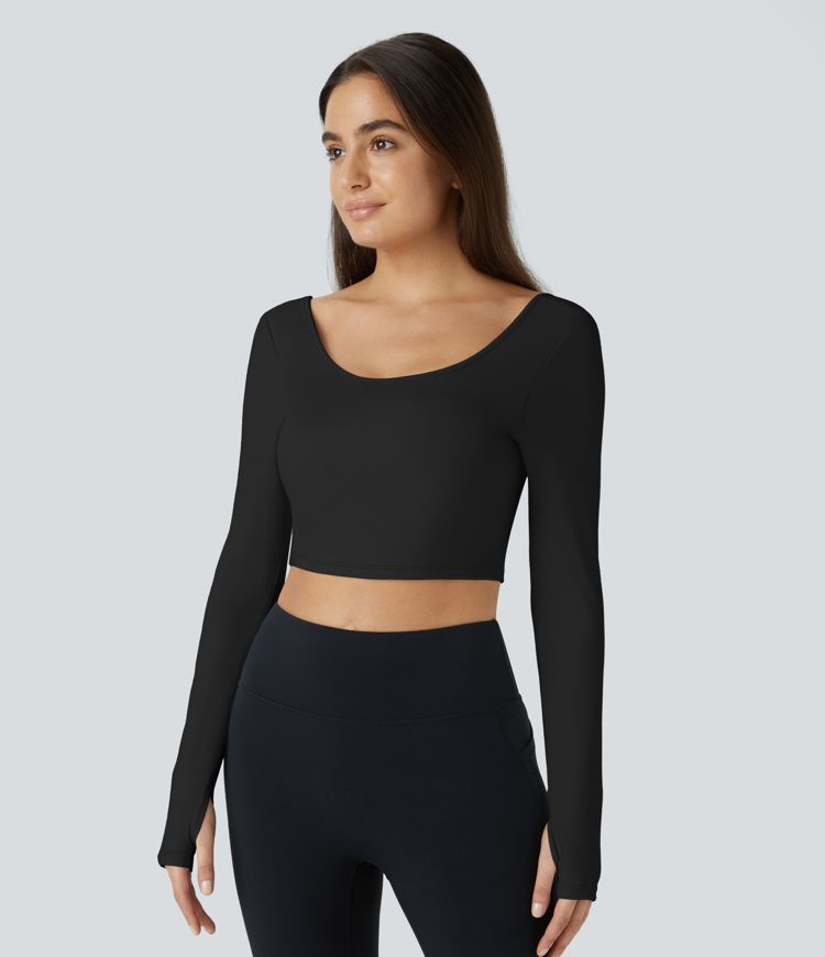 Softlyzero™ Airy U Neck Backless Cut Out Twisted Thumb Hole Cropped Cool Touch Yoga Sports Top-UPF50+