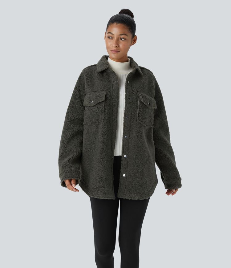 Pocket Long Sleeve Curved Hem Casual Sherpa Jacket