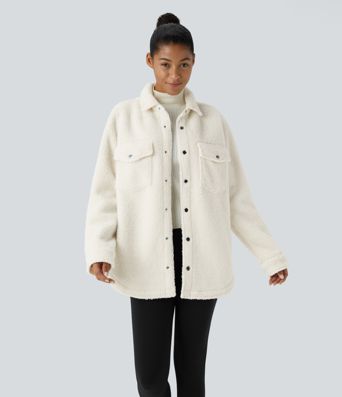 Pocket Long Sleeve Curved Hem Casual Sherpa Jacket