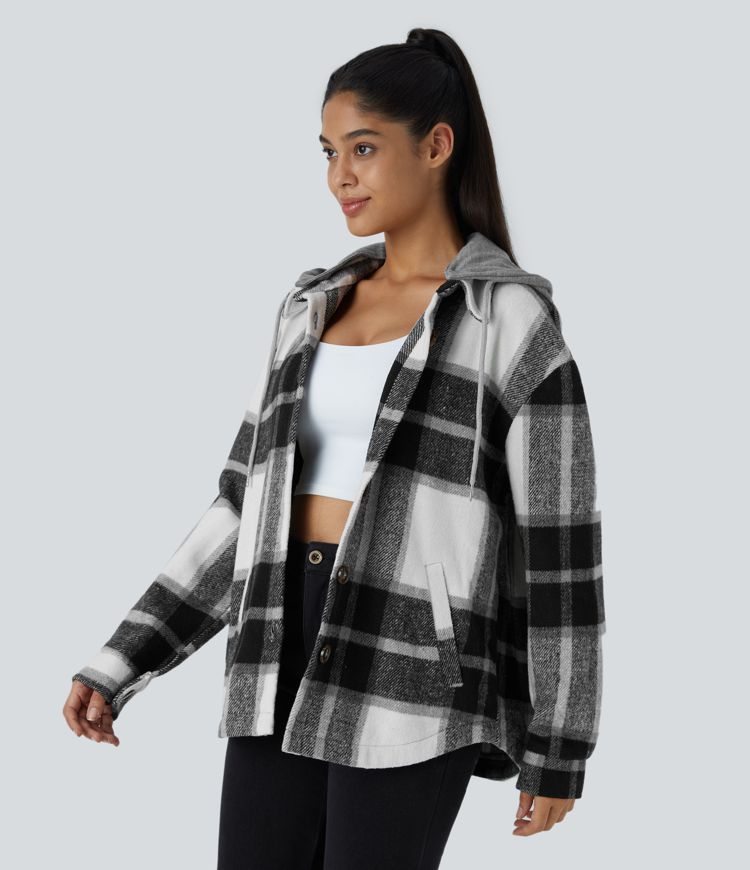 Removable Hood Drawstring Button Long Sleeve Side Pocket Plaid Casual Jacket