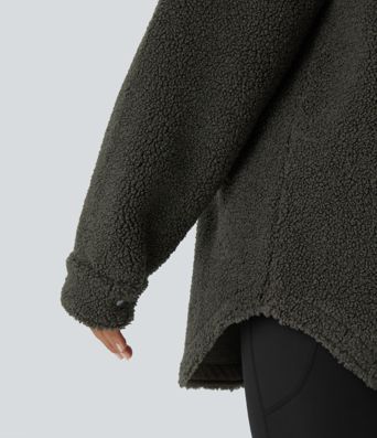 Pocket Long Sleeve Curved Hem Casual Sherpa Jacket